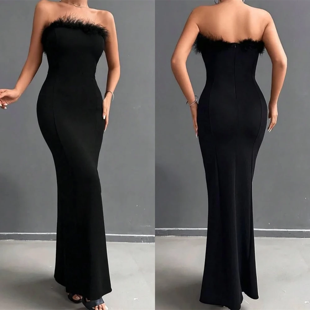 

Customized Simple Jersey Strapless Evening Dress Exquisite Feathers Sleeveless Prom Dress Fashion Special Occasion Gowns
