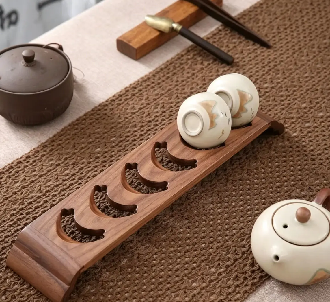 

Walnut Wood Cup Holder, Single Tier Tea Cup Organizer for Tabletop, Vintage Home Decor Storage Rack for Tea Set Accessories