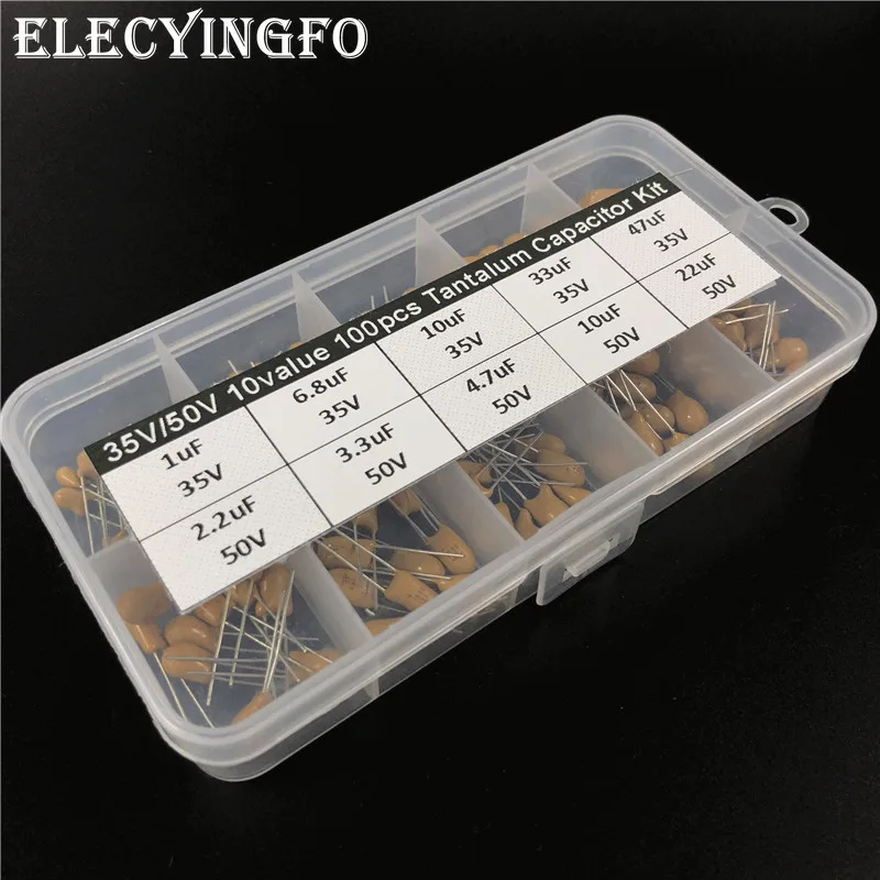 

10values 100pcs 35V/50V 1uF 2.2uF 3.3uF 4.7uF 6.8uF 10uF 22uF 33uF 47uF tantalum capacitor assorted kit with storage box