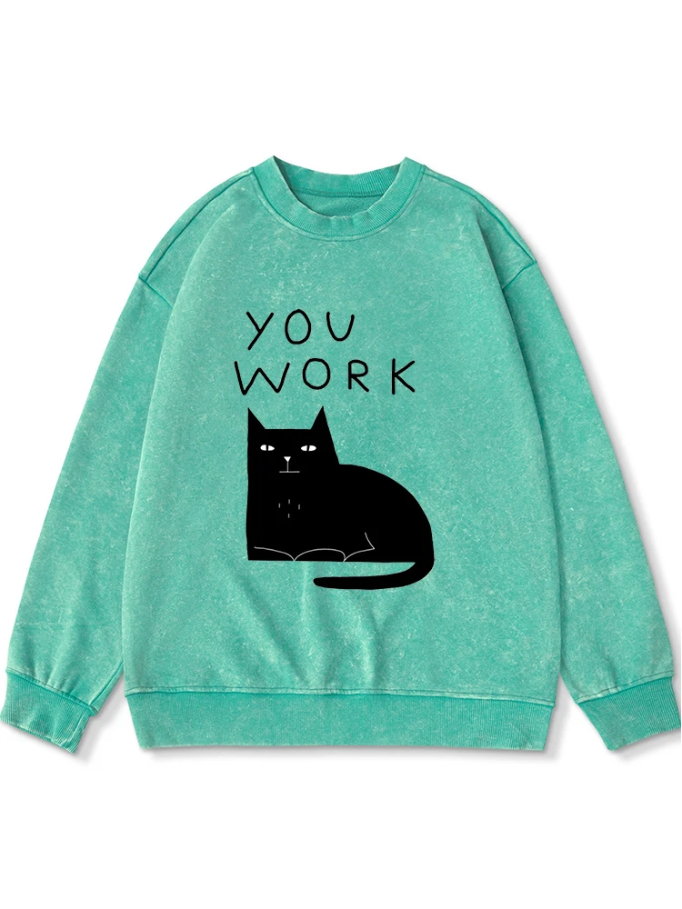 Little Black Cat Print Women'S Cotton Washed Distressed Hoody Fashion Comfortable Sweatshirt Autumn Versatile Tracksuit Female