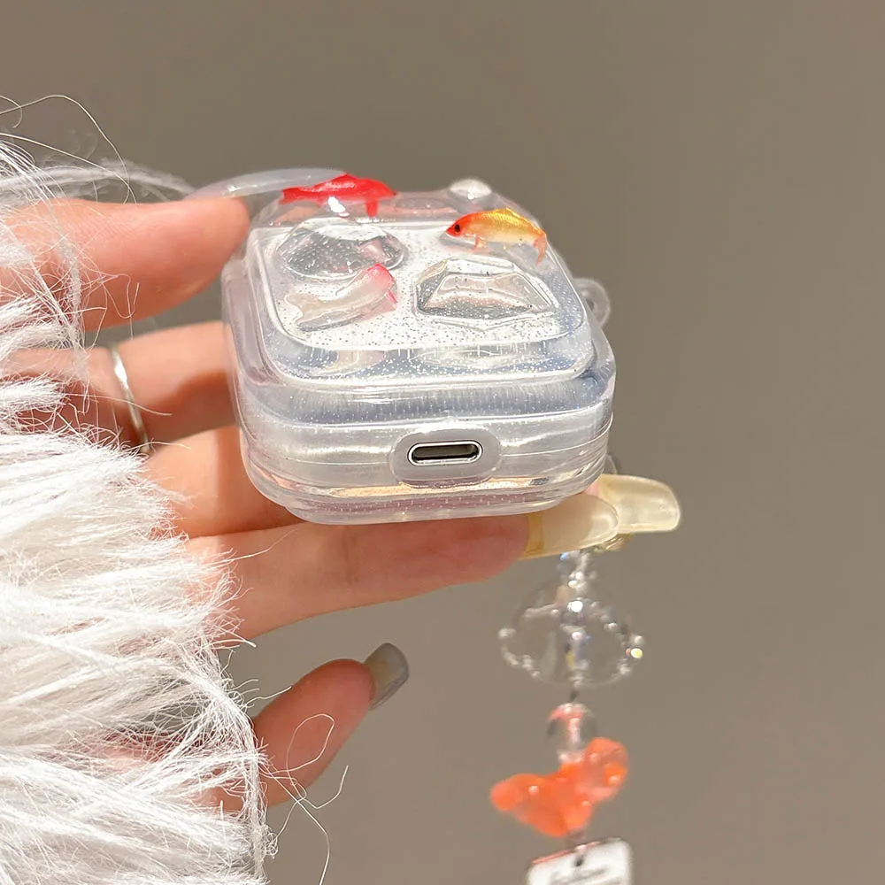 شفافة سمك الشبوط لطيف ثلاثية الأبعاد قلادة بلينغ حقيبة سماعة الاذن لابل airpods 4 3 2 برو 1/2 سماعة لاسلكية تعمل بالبلوتوث غطاء صندوق شحن