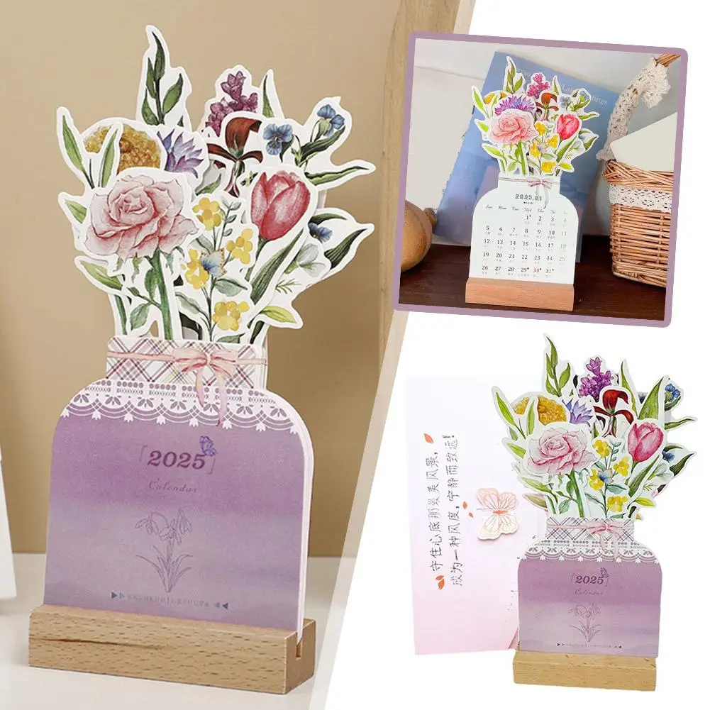 

2025 Bloomy Flower Desk Calendar Wooden Card Decorate Illustrator High Calendar Calendar Quality Supplies Desktop Y6p0