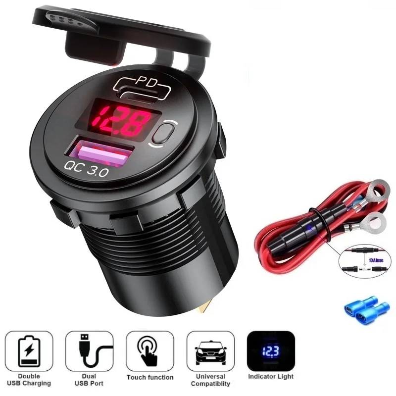 48W USB Type C Car Usb Charger Socket,12V/24V Dual USB Outlet PD3.0&QC3.0 Car Socket with LED Voltmeter and ON/Off Switch Fast C