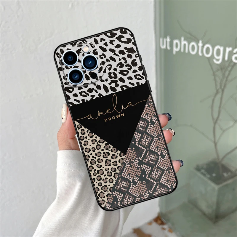 Iniciais nome de pele de leopardo personalizado para iphone 16 15 14 13 12 11 pro max xs max xr plus acessórios de capa de telefone