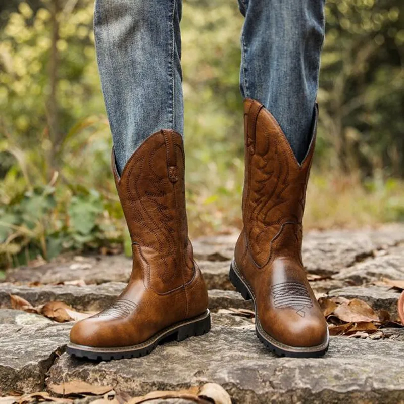 Bottes de cowboy à enfiler pour hommes, processus de broderie, bottes de chevalier vintage, bottes de moto de neige, créateur de mode, grande taille 38-48