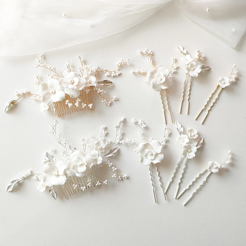 Lovely Jewelry Hair Accessories White Clay Floral Headpiece Ceramic Flower Bridal Hair Comb Bobby Pins For Wedding