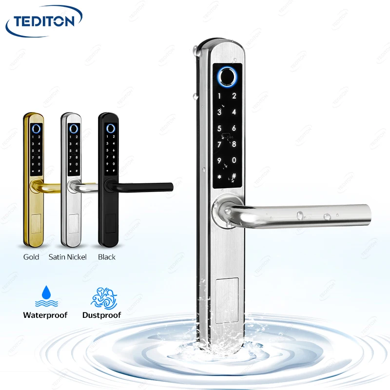 Tediton IP64 su geçirmez TTlock APP WiFi kontrolü akıllı parmak izi silindir alüminyum gömme kanca kapı kilidi