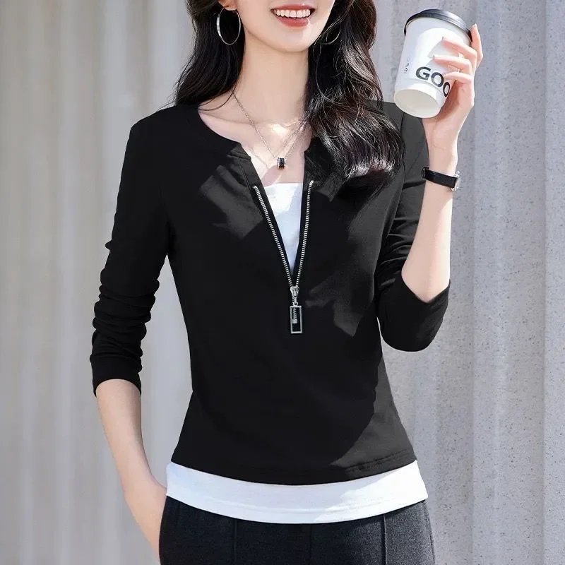 

Women's Fashion V-Neck Zip Long Sleeve Fake Two Piece Blouse 2026 Spring Autumn New Patchwork Slim Fit Base Layer Office Top