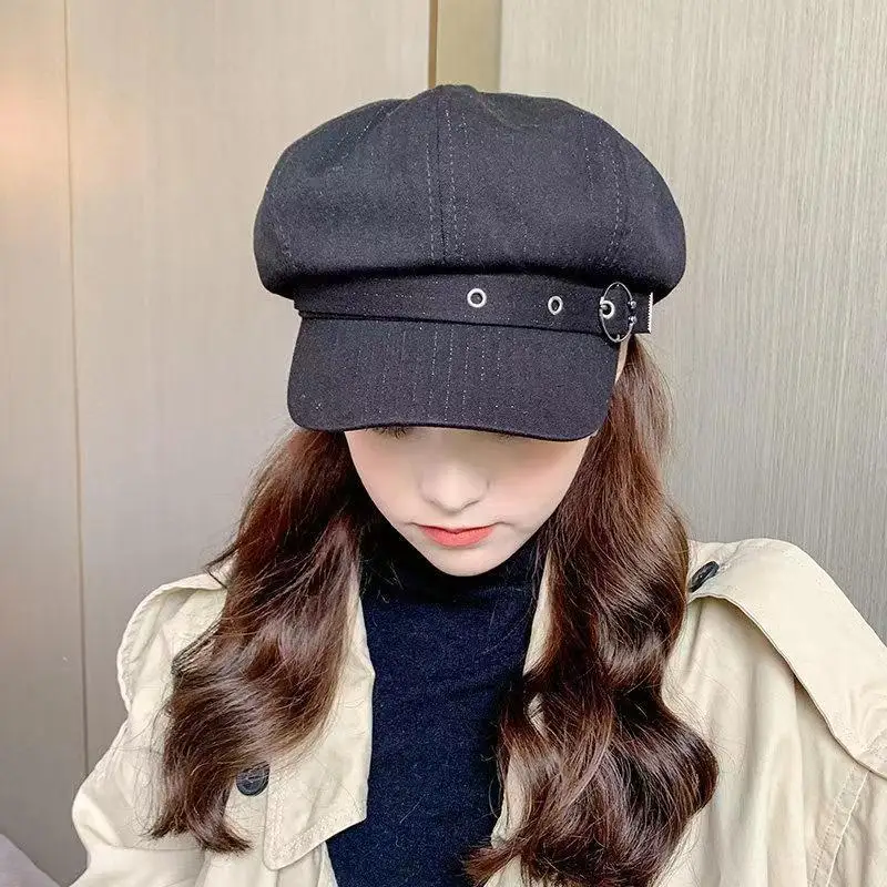 Autumn and Winter Women\'s Hat Octagonal Duck Tongue Baseball Artist Hat Retro Fashion Cotton Rivet British Cap