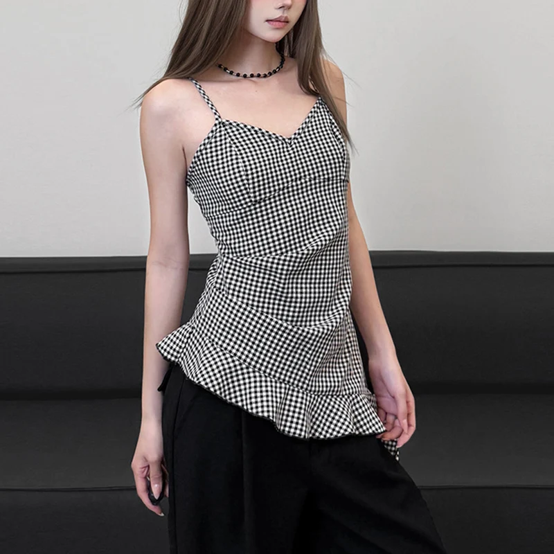 

Korean Black White Plaid Camisole Top Women 2025 Summer Ruffles Hem V Neck Tank Tops Woman Backless Streetwear Vest Female