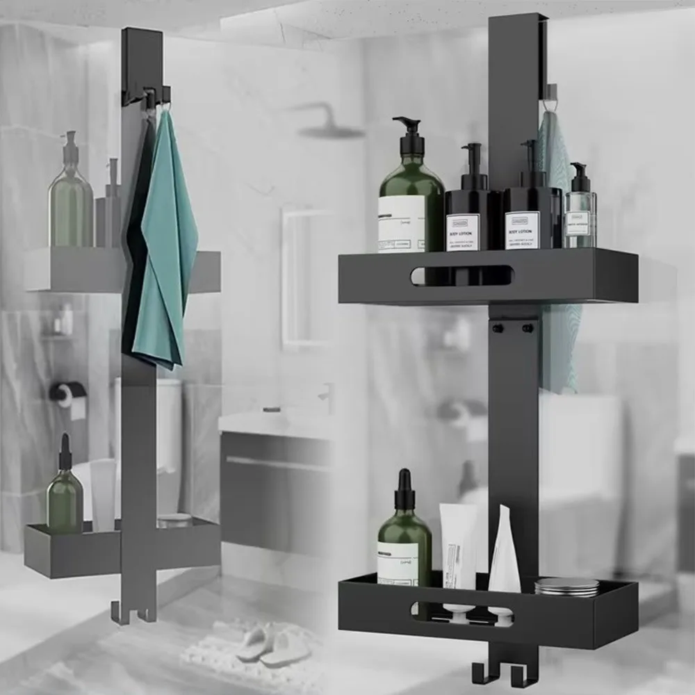 Portaoggetti da appendere a due livelli per la doccia, accessorio da bagno da appendere sopra la porta, versatile scaffale da bagno per shampoo, asciugamani, tergivetro.