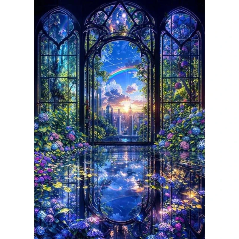 DIY Fantasy Gothic Window Rainbow City Diamond Painting, Eye-catching Art For Living Room Wall Decoration Exquisite Gift