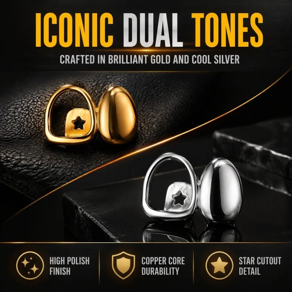 Unique Hollow Out Teeth Grillz Vintage Glossy Open Face Tooth Caps Geometric Open Frame Temporary Teeth Grills Party Costume