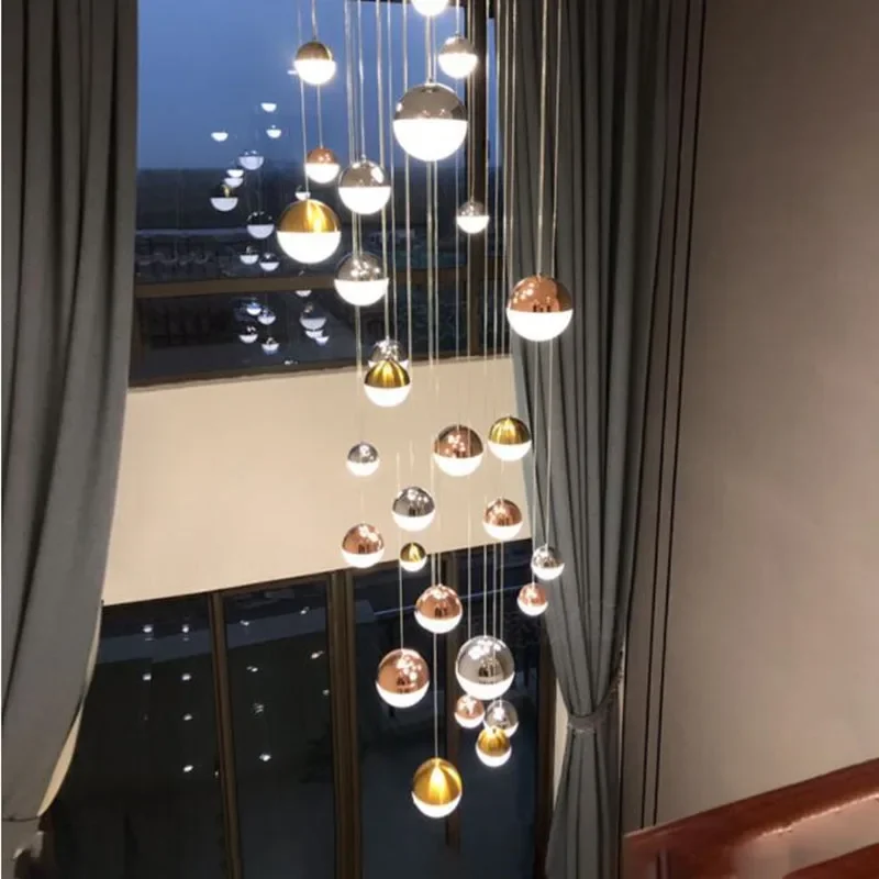 Nordic LED chandelier living room villa duplex spiral staircase chandelier crystal sand ball club decoration long chandelier