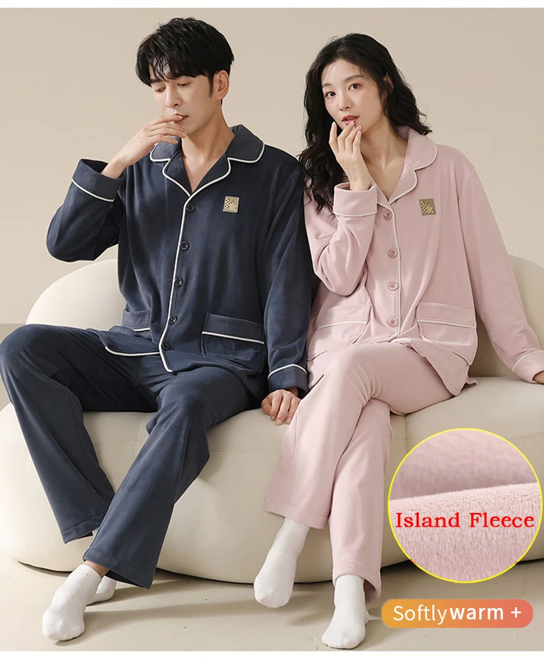 Unisex Couples Pajamas Island Fleece Shirt Pant Set Mens Sleepwear Pink Homewear Soft Warm Pijamas for Women Comfort Loungewear