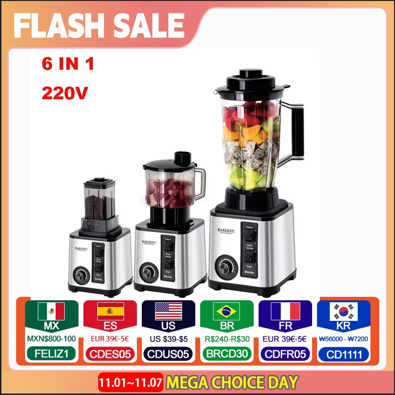 220V- 3L 6 in 1 Blender Stainless Steel Large Capacity Cut Vegetables and Shreds Icebreaker Salad Grinder Meat Grinder Juicer