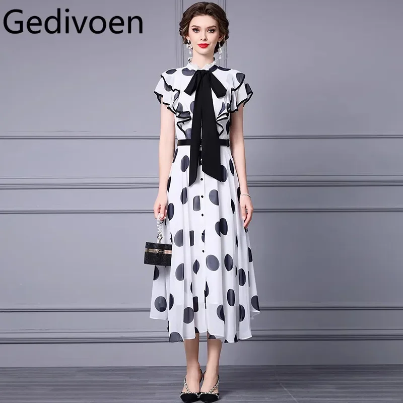 

Gedivoen Summer Fashion Runway Designer Dresses Women's Polka Dot Print Bow Tie Butterfly Sleeve Sashes Single Breasted Dresses