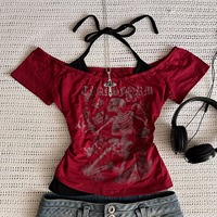 Millennium 2000s Y2k crop aesthetic sweet and sexy vest women's sleeveless casual anime printed vest Harajuku red full outfit Em