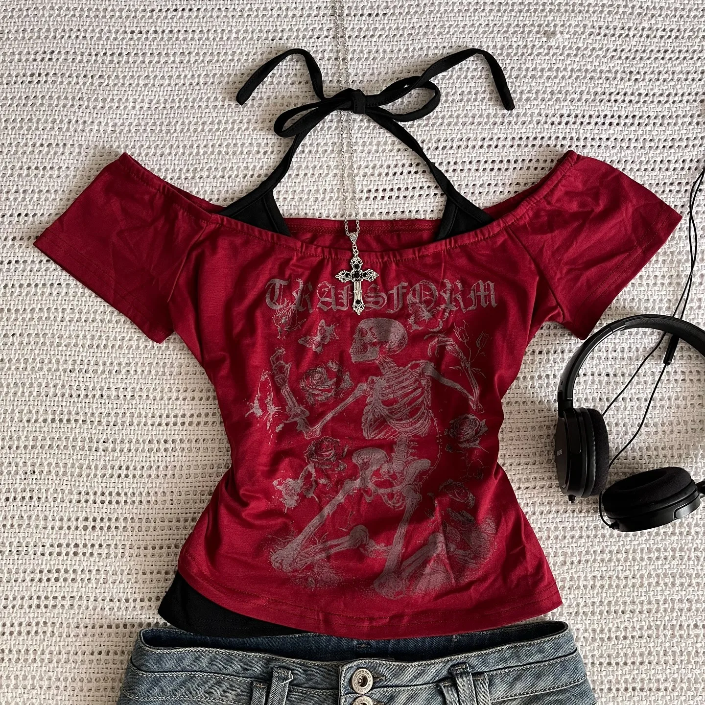 Millennium 2000s Y2k crop aesthetic sweet and sexy vest women's sleeveless casual anime printed vest Harajuku red full outfit Em