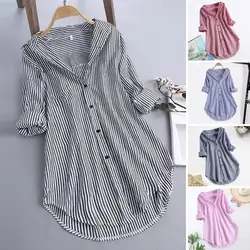 M-4XL Frauen Tunika Shirt gestreifte lange Ärmel V-Ausschnitt mittellangen Turn-Down-Kragen locker sitzen lässig Sommer elegante Damen Bluse Top