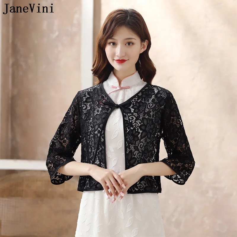 JaneVini Black Lace Bolero Women Jacket Bride Wedding Coat with 3/4 Sleeves Lace-Up White Spring Summer Shrug Cloak Capes Wraps