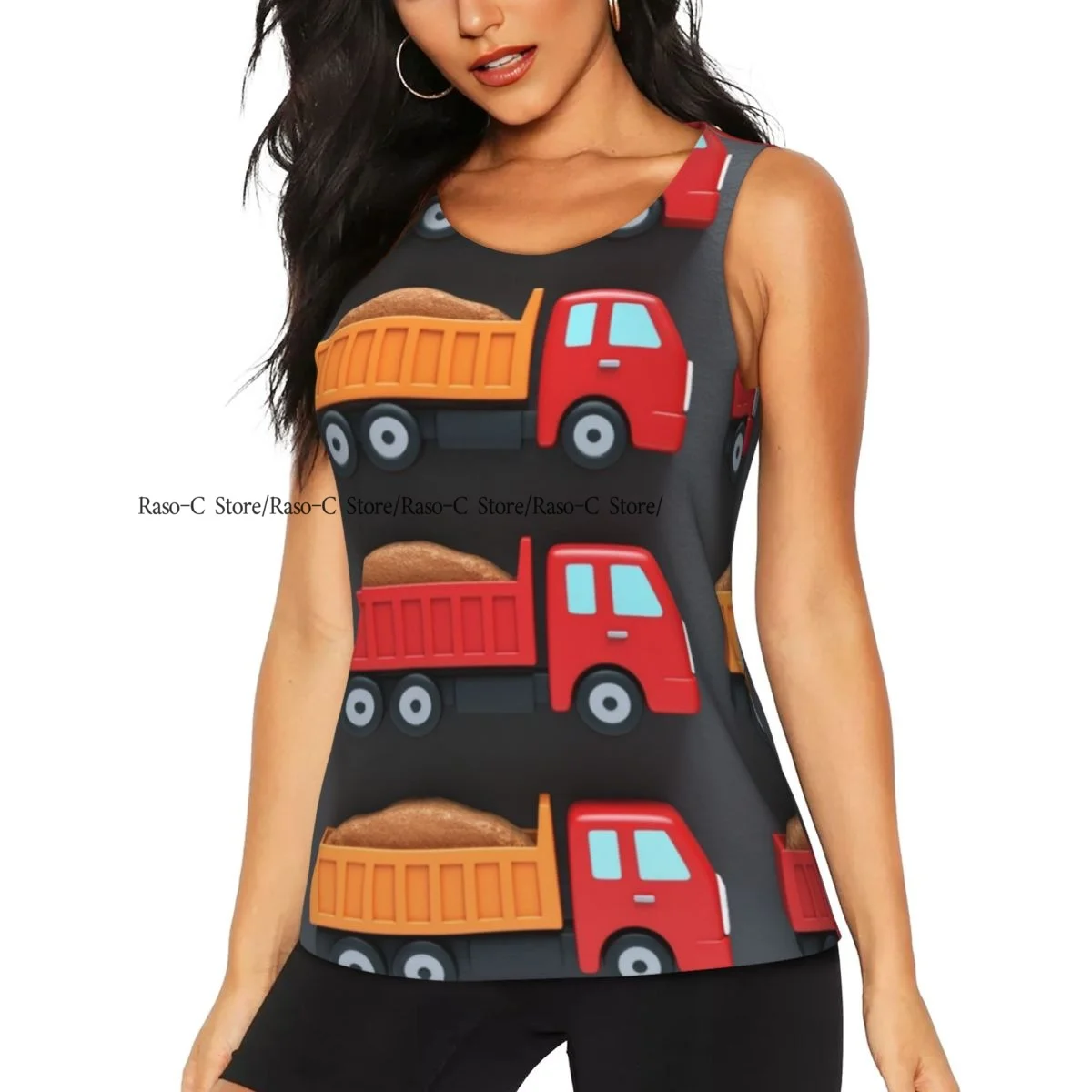 Women Sexy Vest Cartoon Construction Trucks Sleeveless Round Neck Tank Tops Female Casual Basic Camisole