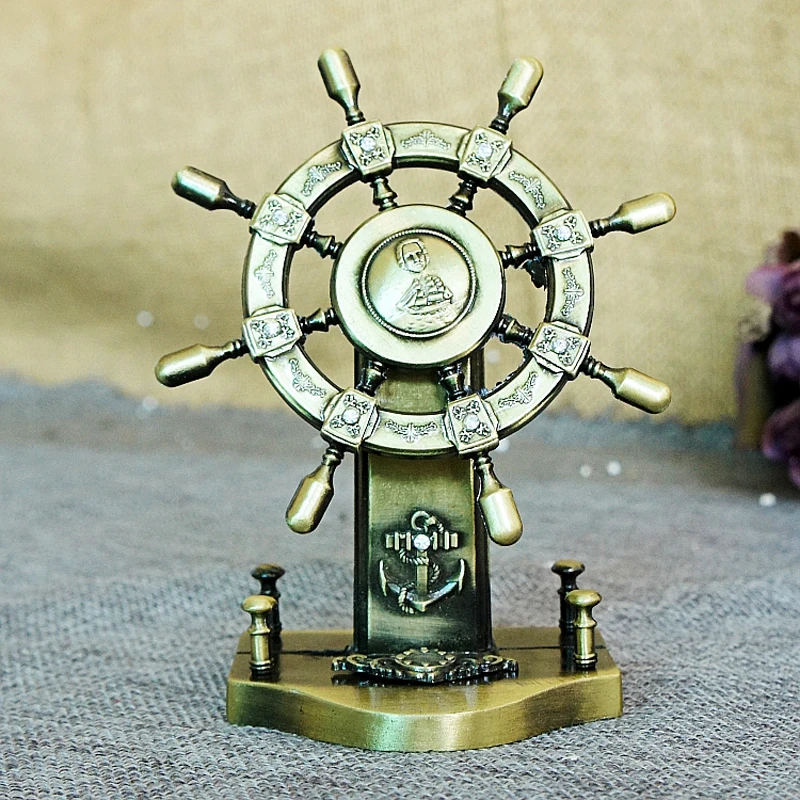 Metal Vintage Ship Wheel Figurine Steering Wheel Helm Model Collectible Souvenir Home Office Decoration Study Ornaments