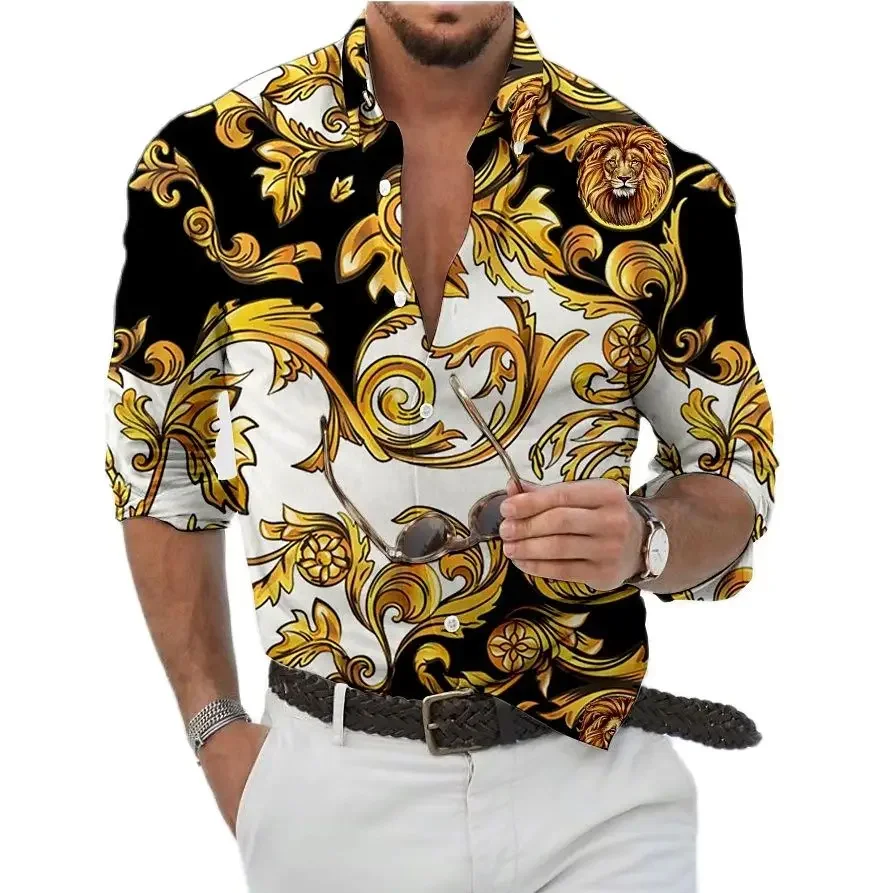 Men's Ethnic Print Breathable Hawaiian Shirt Beach Vacation Shirt Gold Texture Men's Street Clothing Shirt Short Sleeve Lapel