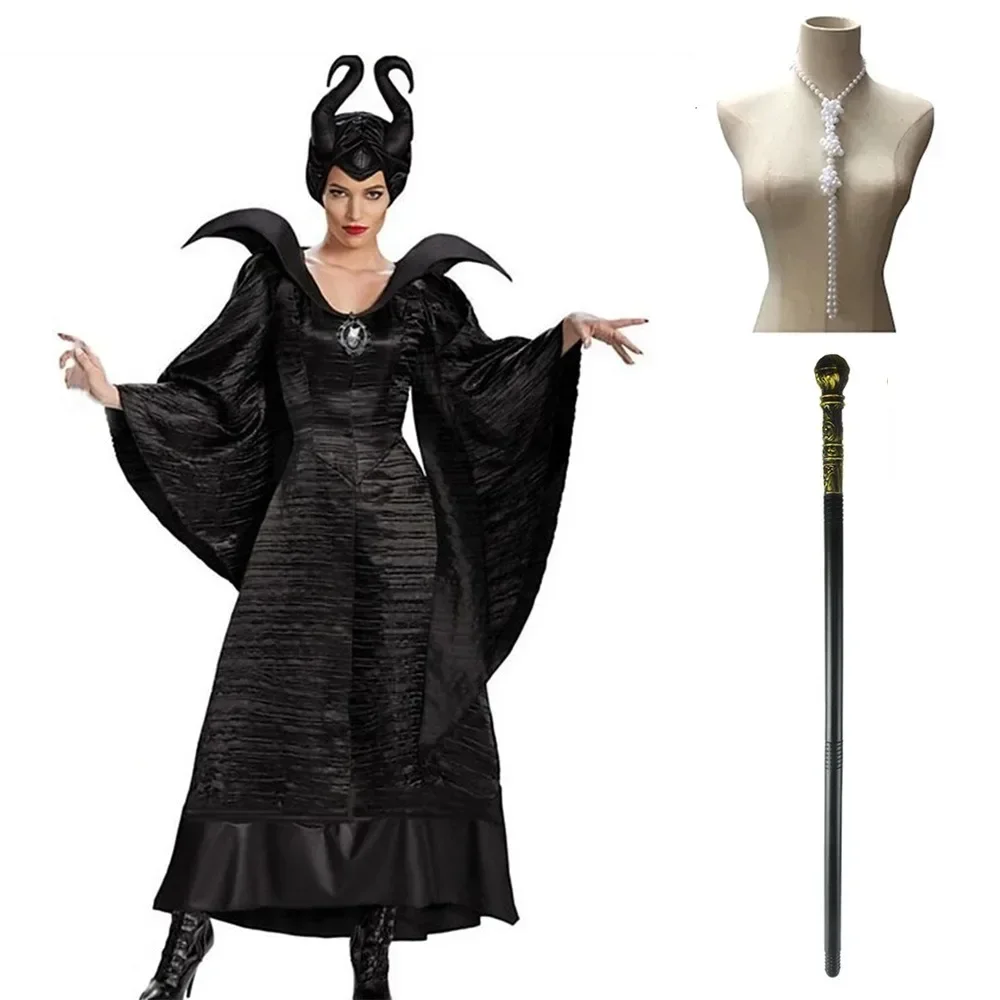 Maleficent 마녀 의상 어두운 마녀 여왕 드레스 여성 할로윈 고딕 뱀파이어 의상 계모 마녀 드레스 모자