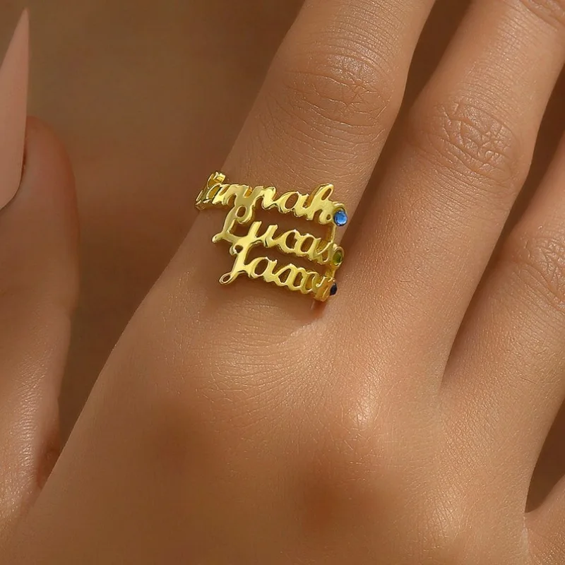 

Personalized Name Ring with Blue Stone Stainless Steel Name Ring Birtstone Custom Kids Name Ring Family Jewelry Christmas Gifts