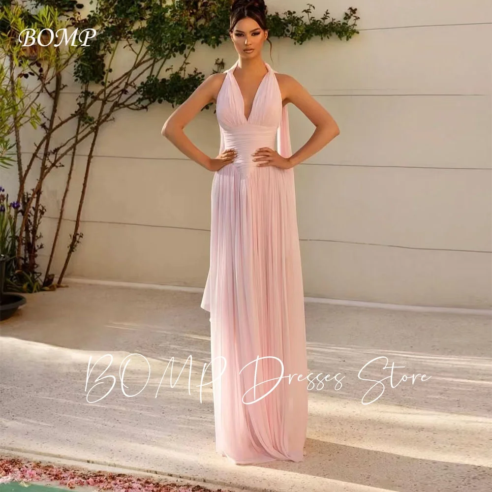

BOMP Simple Pleat Evening Dress Spaghetti Strap A-Line Pink Chiffon Wedding Party Dresses Saudi Arabic Customized Classic فساتين