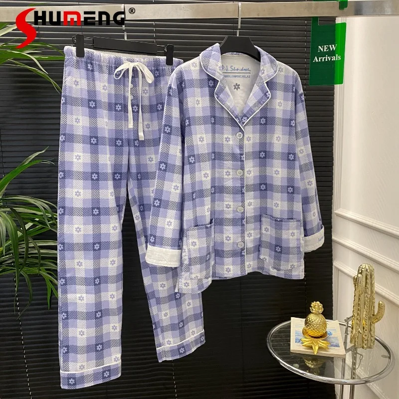 

Spring and Autumn Soft Brushed Homewear for Women Cotton Retro Plaid Pajama Set Female Japanese Style Plaid Sleep Suits