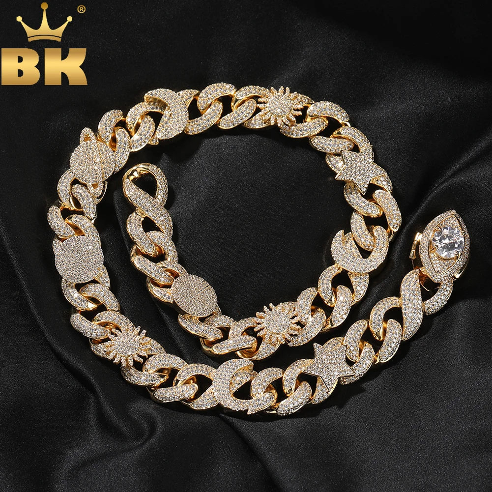 

THE BLING KING 16mm Cuban Chain Necklace With Eye Sun Moon Star Earth Micro Paved Out Cubic Zirconia Bracelet Hiphop Jewelry