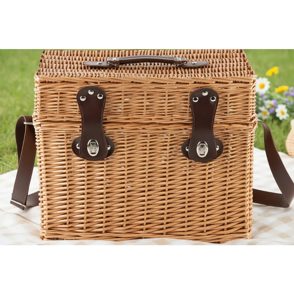 

Handmade Wicker Picnic Basket with Leather Strap for Outdoor Camping Travel Party Storage