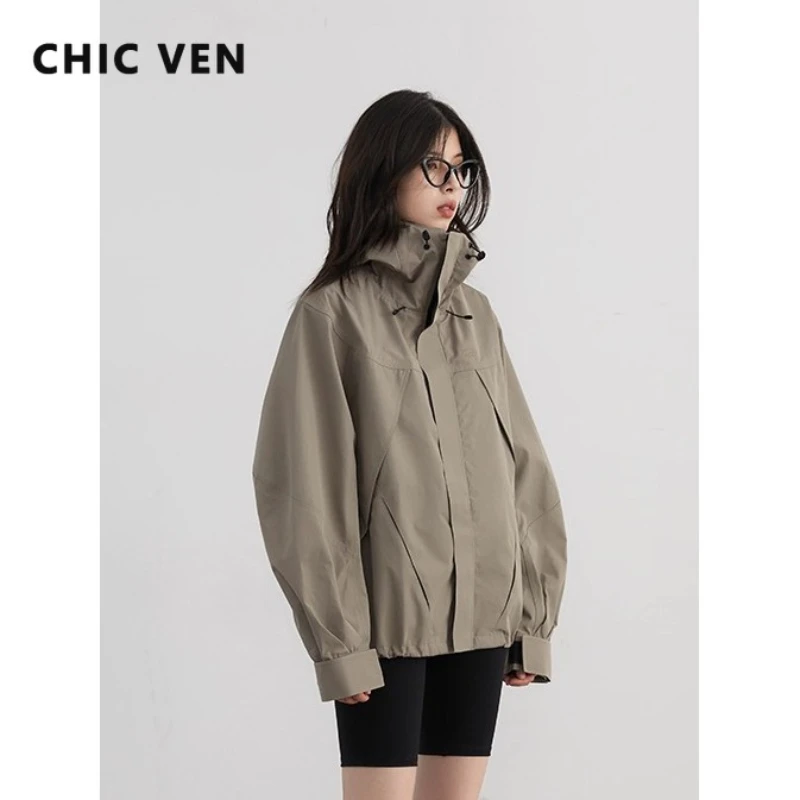 CHIC VEN Women Jacket Loose Casual Solid Outdoor Sports Hooded Short Coat Windproof Ladies Overcoat Autumn Winter 2026 Clothes