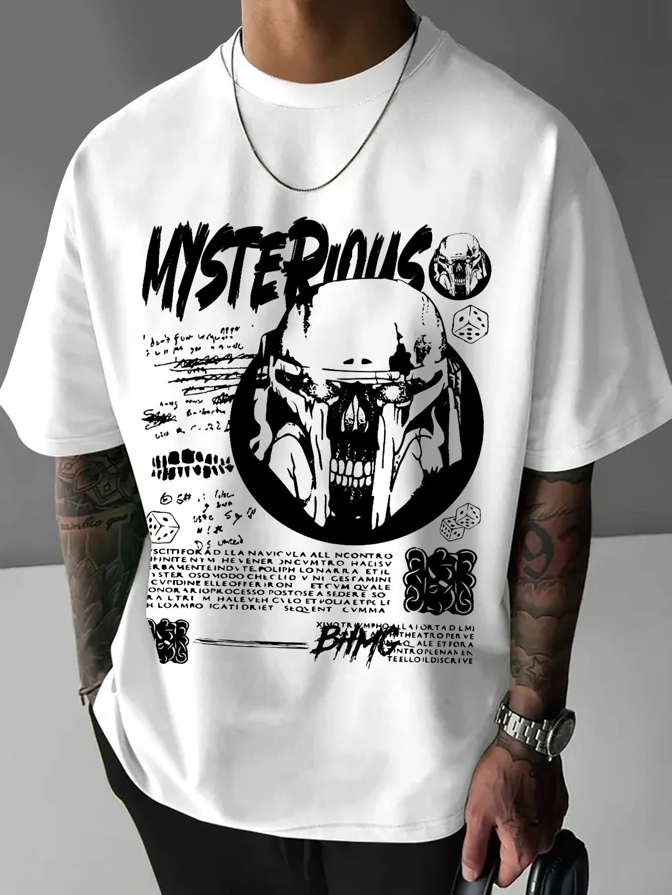 Camiseta Gráfica de Manga Corta con Cuello Redondo, Estilo Grunge, Darkwear, Streetwear, con Estampado de Calavera Misteriosa, para Hombre, Talla Grande