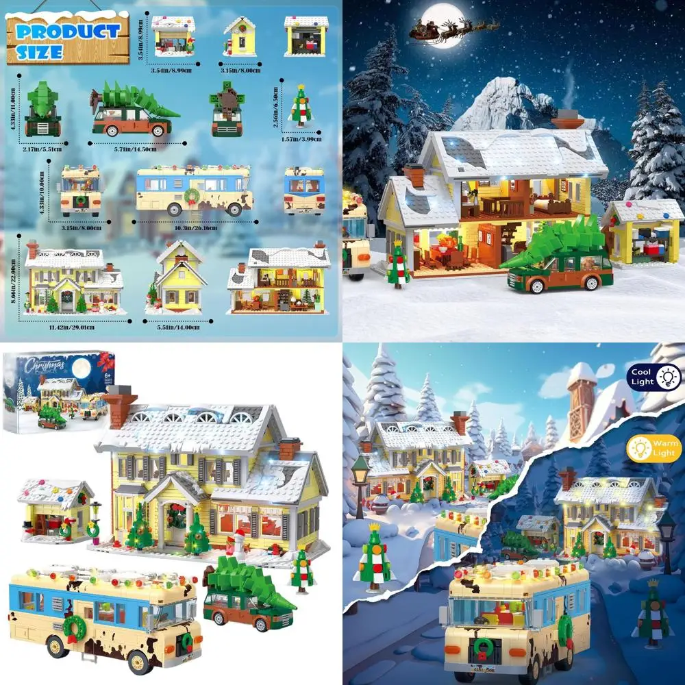 Kit di costruzione del villaggio di Natale 4 in 1: casa delle vacanze, camper, camioncino e garage (2056 pezzi) - Compatibile con LEGO