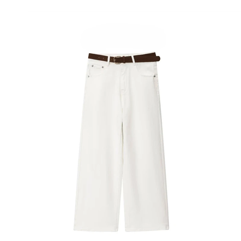 

European and American Style, Comfortable and Beautiful Temperament, New Women's Clothing, White High-waisted Wide-leg with Belt