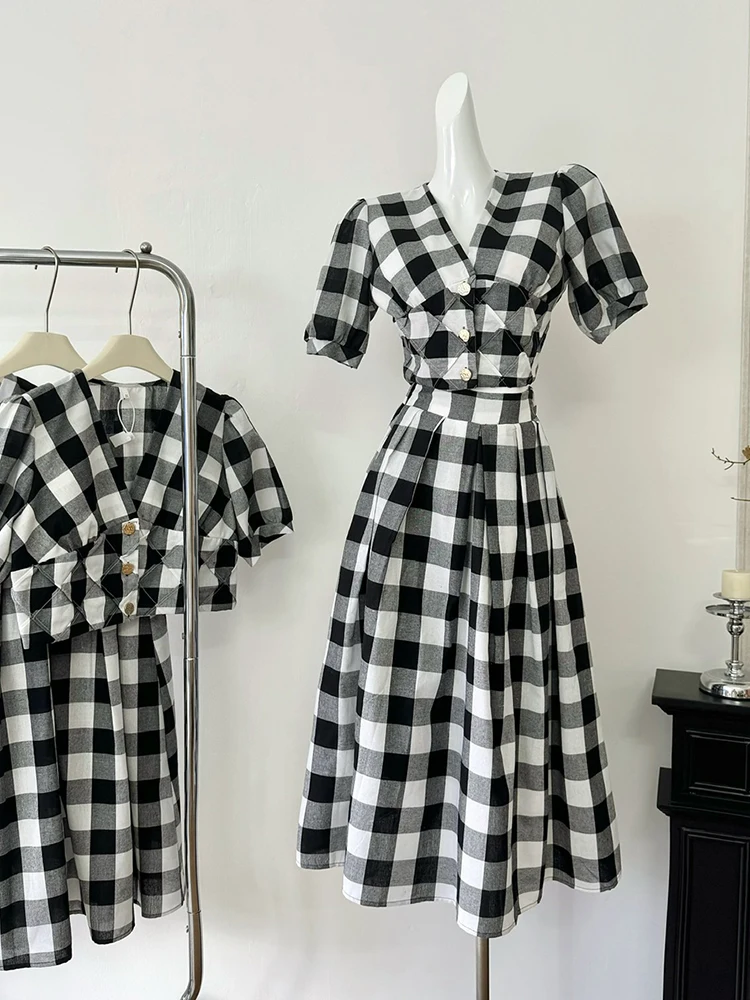 Summer Women French Vintage Old Money Rave Aesthetic Suit Outfits 2 Piece Set Short Sleeve V-Neck Crop Tops + Midi Plaid Skirt