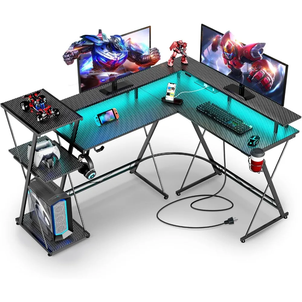 

L Shaped Gaming Desk with LED Lights & Power Outlets, 50” Reversible Computer Desk