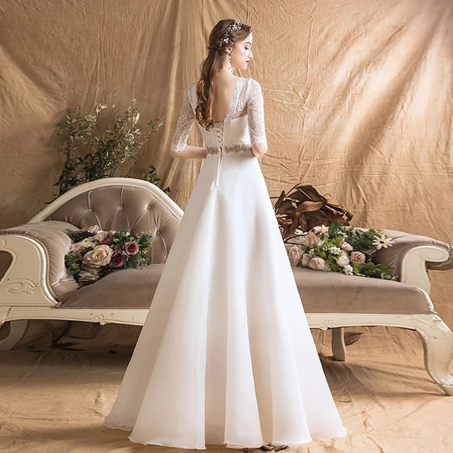 Customized Simple A Line Organza Wedding Dress Half Lace Floor Length Bridal Gown Sexy Sashes Design Elegant Vestido De Novia