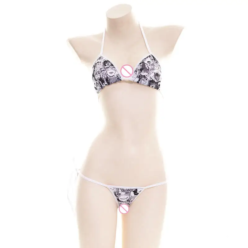 

Модный сексуальный комплект нижнего белья: бикини с японским мультяшным принтом, сексуальный комплект из трех предметов, раздельная пижама на завязках, униформа, дропшиппинг, кавайный стиль