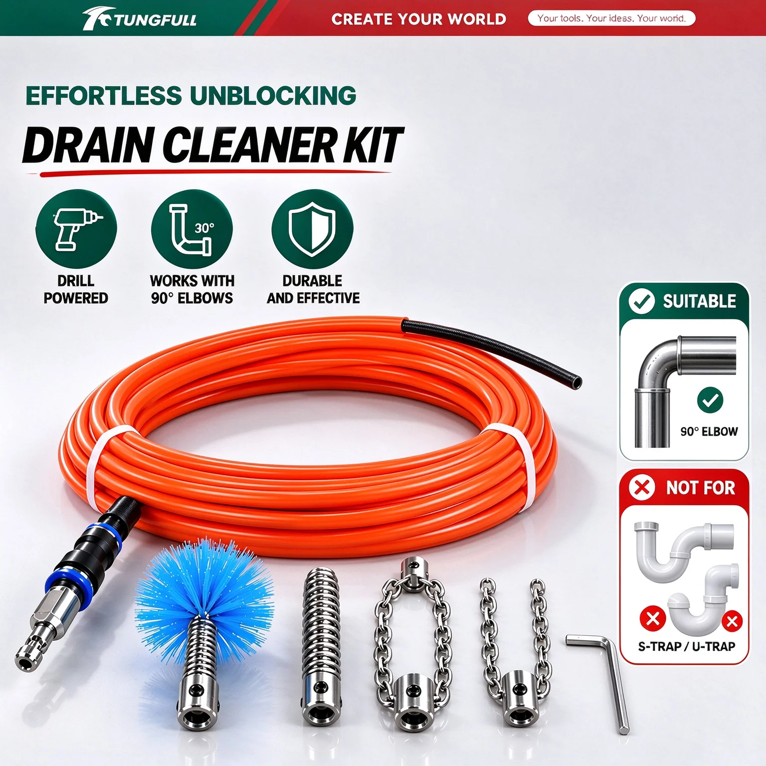 TUNGFULL Electric Drain Cleaner Hose Kit Pipe Dredging Tool with Chain Brush Spring for Sink Toilet Sewer Clog Remover