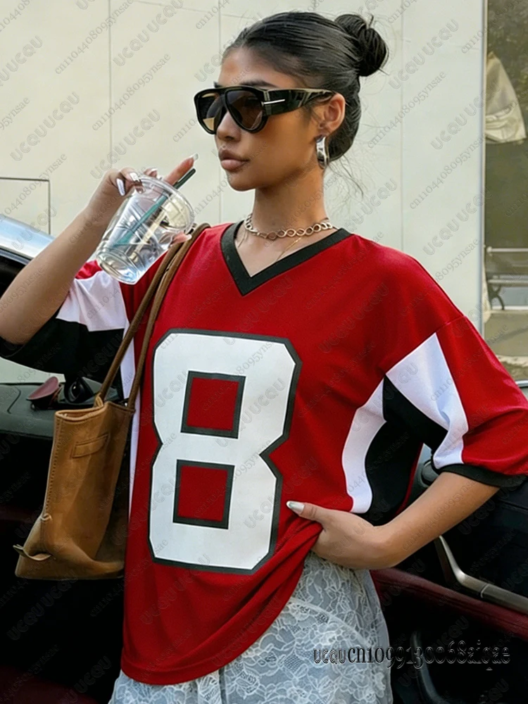 2026 Summer New Red Speed 8 Printed T-Shirt For Women V-Neck Short Sleeve Sports Football Jersey Loose Oversized Y2K Street Tops
