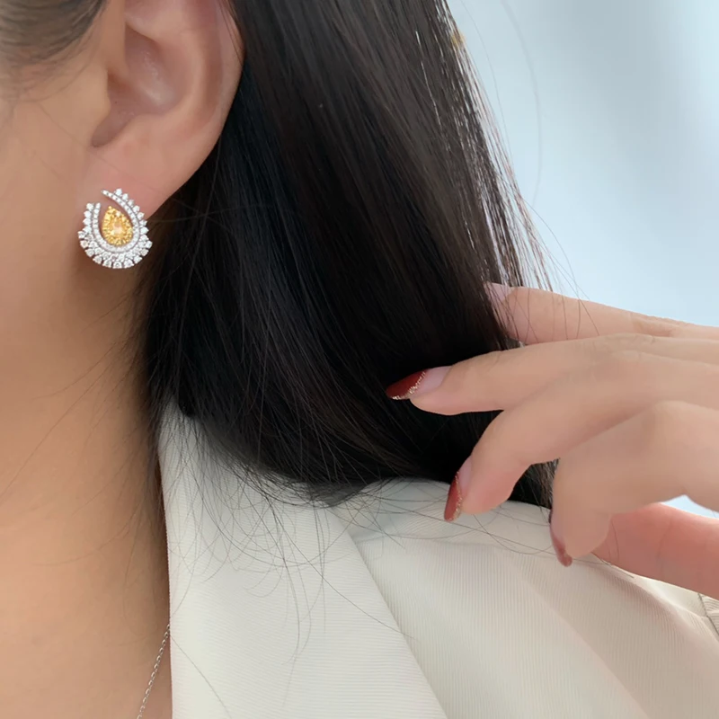 LUOWEND 100% 18K White Gold Earrings Luxury Elegant Style Real Natural Yellow Diamond Earrings for Women High Party Jewelry