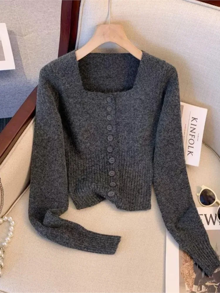 

Зимняя одежда, женский топ с квадратным вырезом, облегающий короткий вязаный кардиган, удобный универсальный простой стиль