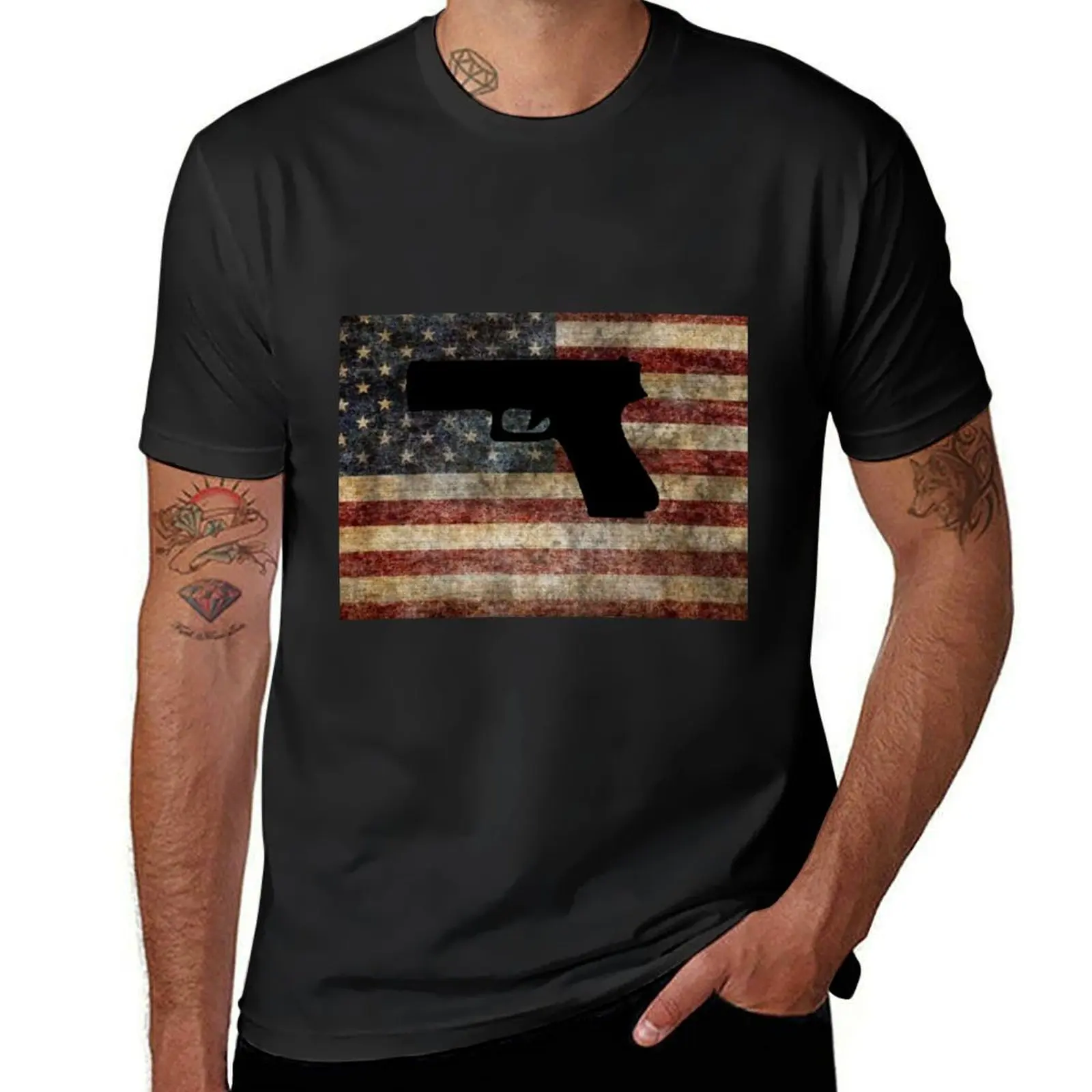 

Gun silhouette with American flag T-Shirt sports fans cute clothes men t shirts