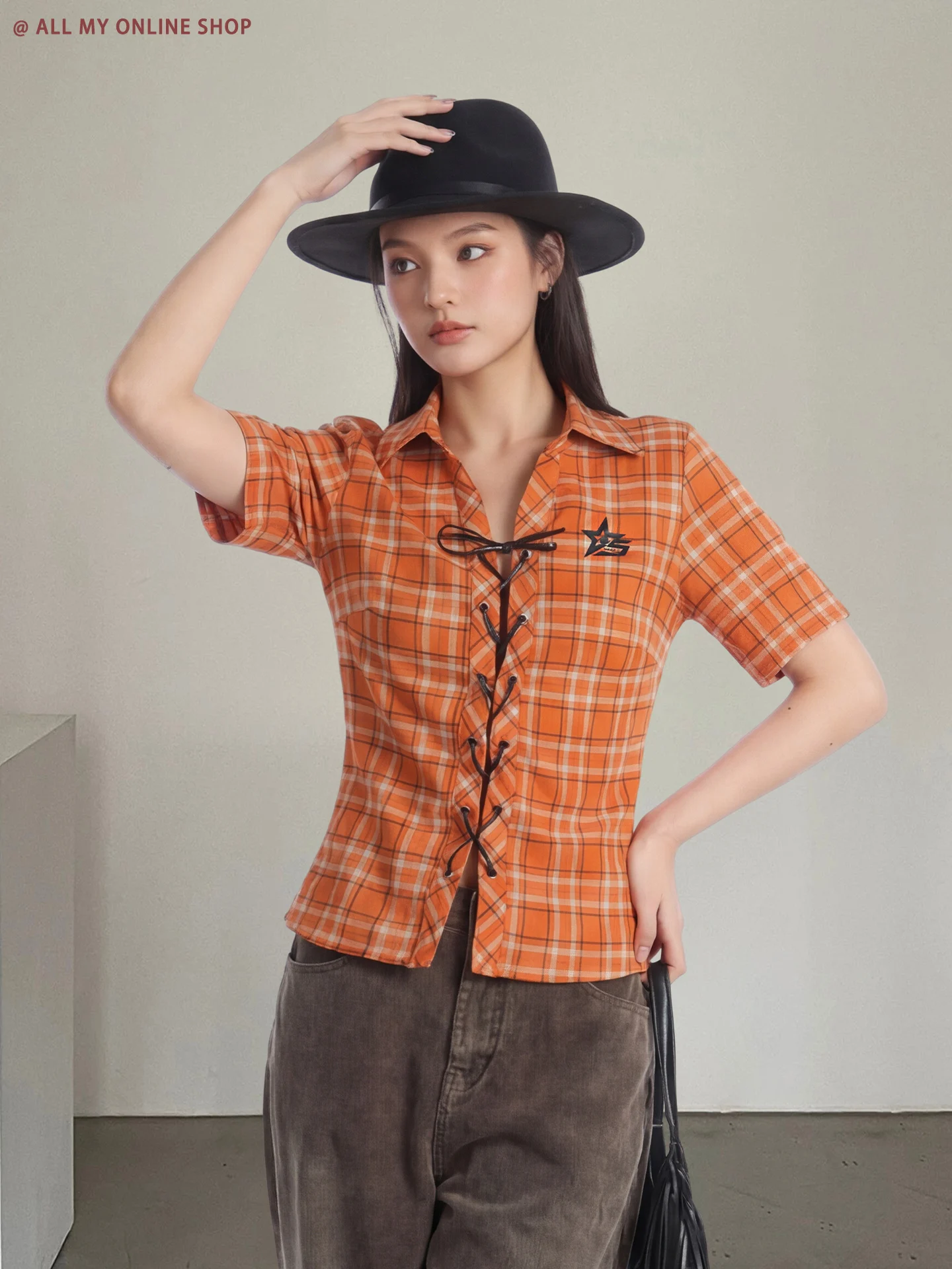 

Slim Fit American Design Short Sleeve Shirt Women's Plaid Belted Denim Stand Collar Spicy Top Summer City Walk Open Cardigan