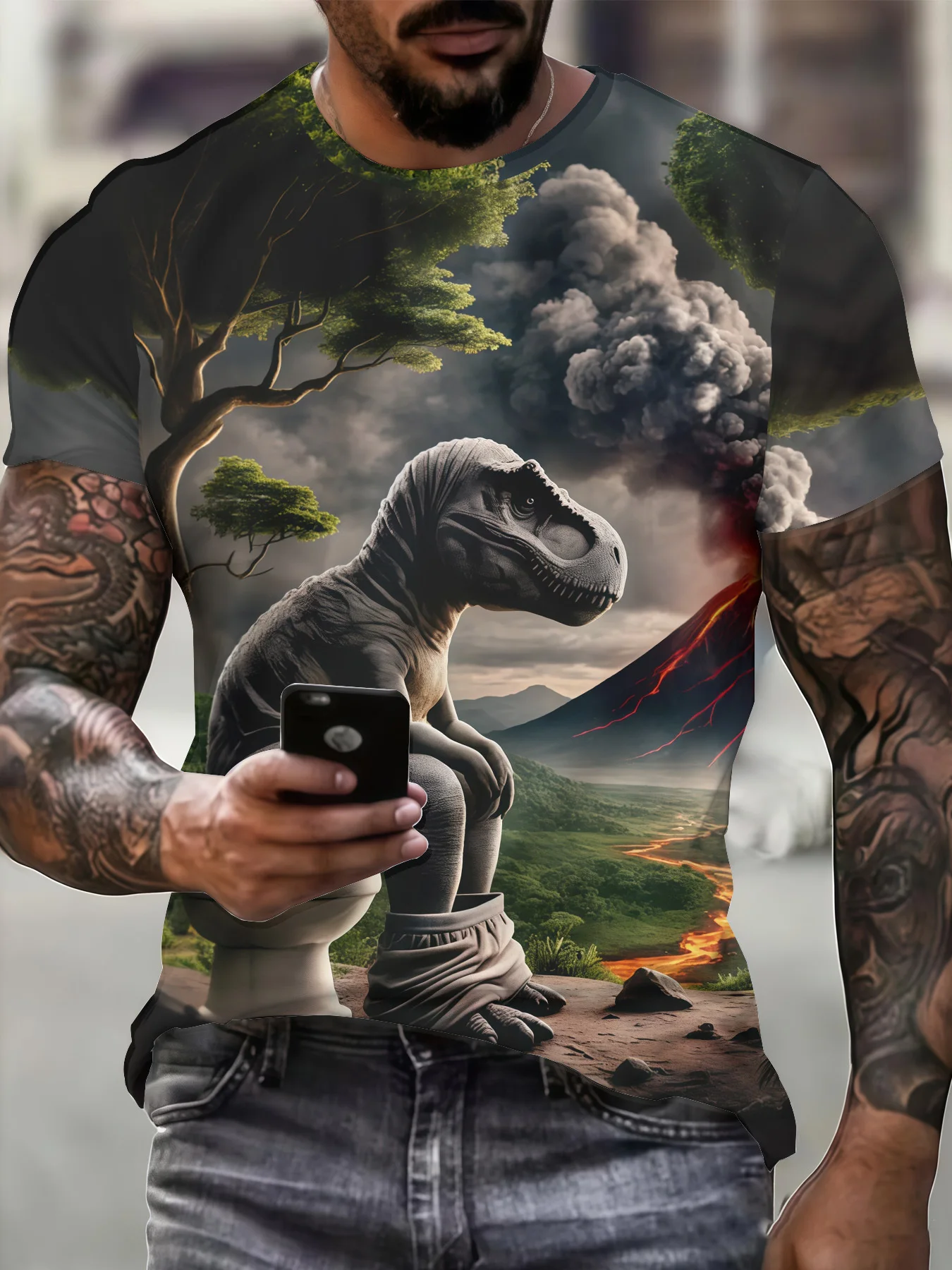 Men's 3D Funny Sitting T-Rex Dinosaur Volcano Tree Landscape Print T-Shirt Crew Neck Short Sleeve Casual Novelty Tee Top