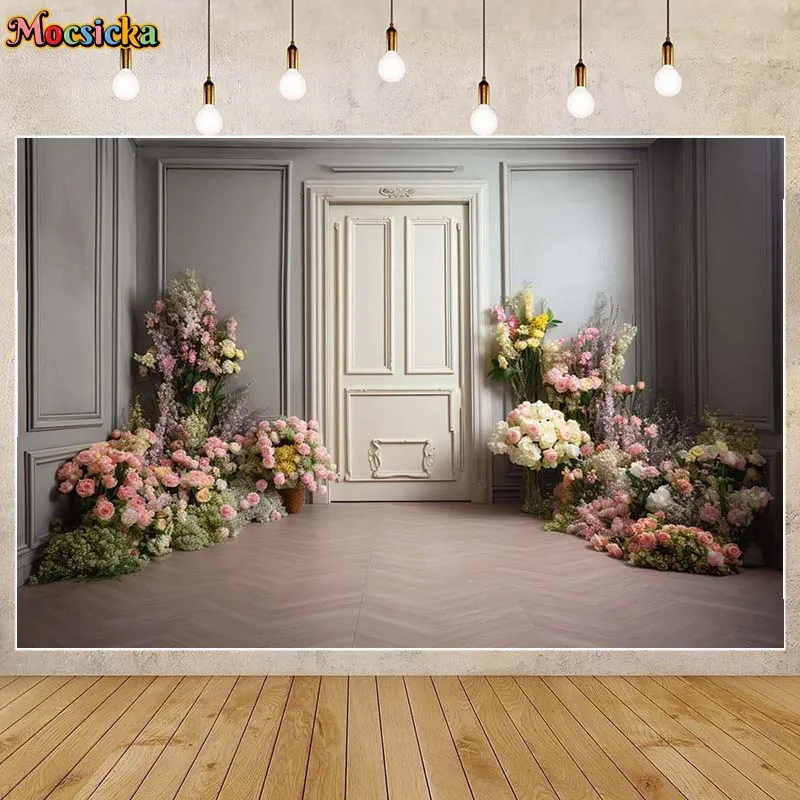 

Mocsicka Photography Backgrounds Room White Door Flowers Women Girl Princess Vintage Portrait Photo Backdrops Photo Studio Props